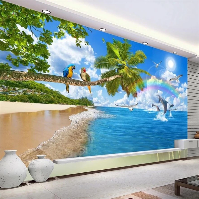 Wellyu Pritaikyti tapetai, gražus 3d vaizdu į jūrą kokoso medžio kraštovaizdžio freskos romantiška kambarį обои fono sienos popieriaus0