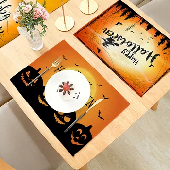 Laimingas Halloween Jack O'lantern Pilis Ragana Strawman pilnatis Dekoratyvinis Placemats už Valgomojo Stalo, Virtuvės Skalbiniai 32x42cm