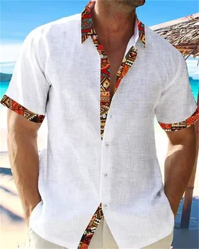 Lino medžiaga 2023 vasaros mados vyriški Havajų trumparankoviai marškinėliai vyriški laisvalaikio etninės spausdinti paplūdimio plius dydžio striukės 4 spalvų.