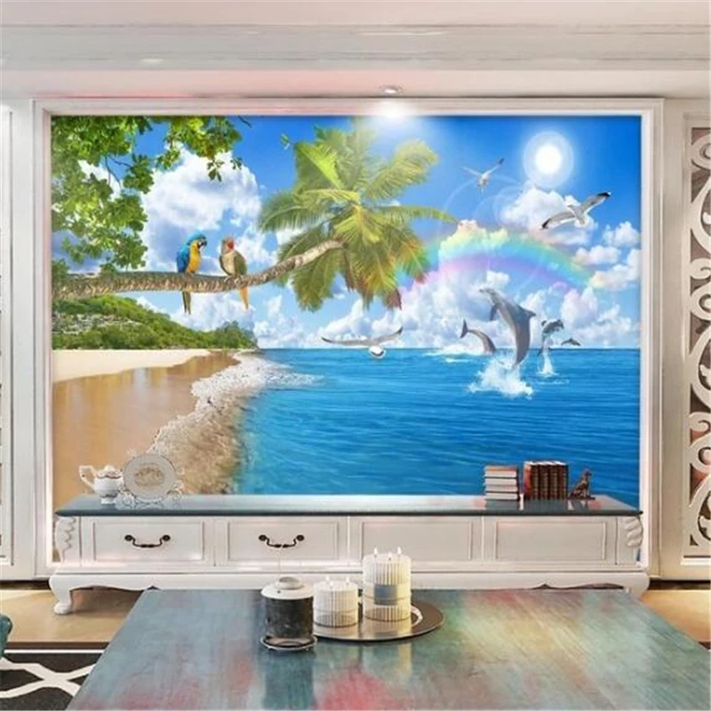 Wellyu Pritaikyti tapetai, gražus 3d vaizdu į jūrą kokoso medžio kraštovaizdžio freskos romantiška kambarį обои fono sienos popieriaus1