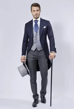 Pagal užsakymą pagaminti Jaunikis Tailcoat Gražus Oficialų tinka Tamsiai Mėlyna Verslo nešioja Groomsman kostiumai (Švarkas+Kelnės+liemenė) terno masculino
