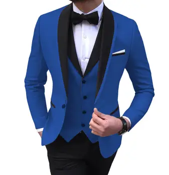 Royal Blue Ritininės Mens Kostiumai 3 Gabalas Juoda Skara Atvartas Atsitiktinis Tuxedos Vestuvių Groomsmen Verslo Kostiumai Vyrams (Švarkas+Liemenė+Ziajać)