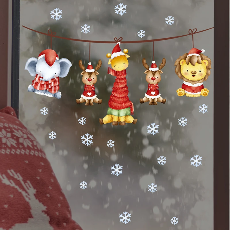 Linksmų Kalėdų Senį Animacinių filmų Gyvūnų Snowfakes Sienų Lipdukai Kambarį Lango Stiklo Namų dekoro Naujųjų Metų Lipdukai2