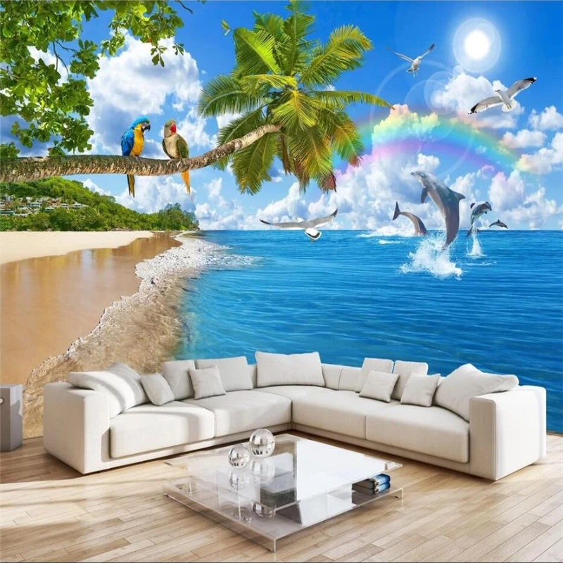 Wellyu Pritaikyti tapetai, gražus 3d vaizdu į jūrą kokoso medžio kraštovaizdžio freskos romantiška kambarį обои fono sienos popieriaus2