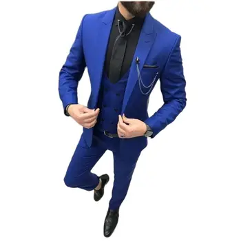 Royal Blue Vyrų Kostiumai Reguliariai Fit Pasiekė Atvartas Užsakymą Pagaminti Vestuvių Jaunikis Tuxedos Slim Fit Vyrų Blazer 3 Gabalus Striukė+Kelnės+Liemenė