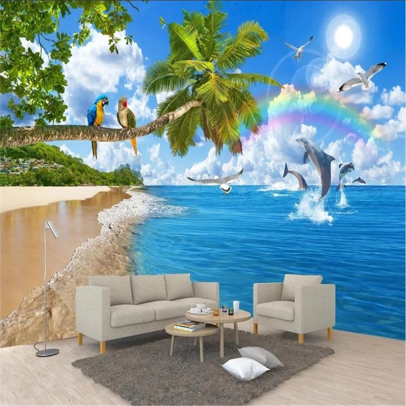 Wellyu Pritaikyti tapetai, gražus 3d vaizdu į jūrą kokoso medžio kraštovaizdžio freskos romantiška kambarį обои fono sienos popieriaus4