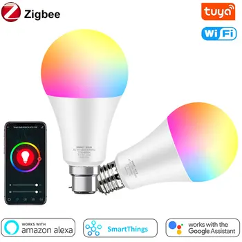 Tuya Zigbee Smart Lemputės 12W 15W WiFi Lemputė RGB Spalvų Pritemdomi E27, B22, LED Lemputės 110V, 220V Dirbti su Alexa 