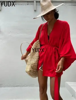 2023 Naujas Paplūdimio Apranga Moterims Kimono Cover-Up maudymosi Kostiumėliai su Diržo Vasaros Negabaritinių Bohemijos Sexy Tunika Padengti Iki