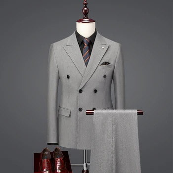 Aukštos klasės vyriški (Švarkas + vakarų kelnės) mados tendencija jaunikis vestuvių kostiumą Britų slim atsitiktinis vientisos spalvos Švarkas du-piece set